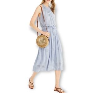 J.CREW Point Sur Blue Cinch Waist Halter Linen Blend Knit Sweater Midi Dress L